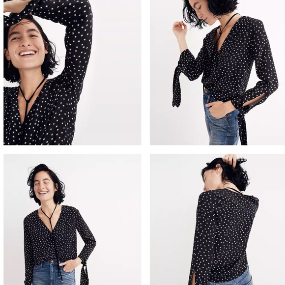 Madewell Silk Star Scatter Tie-Sleeve Black Shirt White Stars 2/3 sleeve Sz. XS - Picture 13 of 16